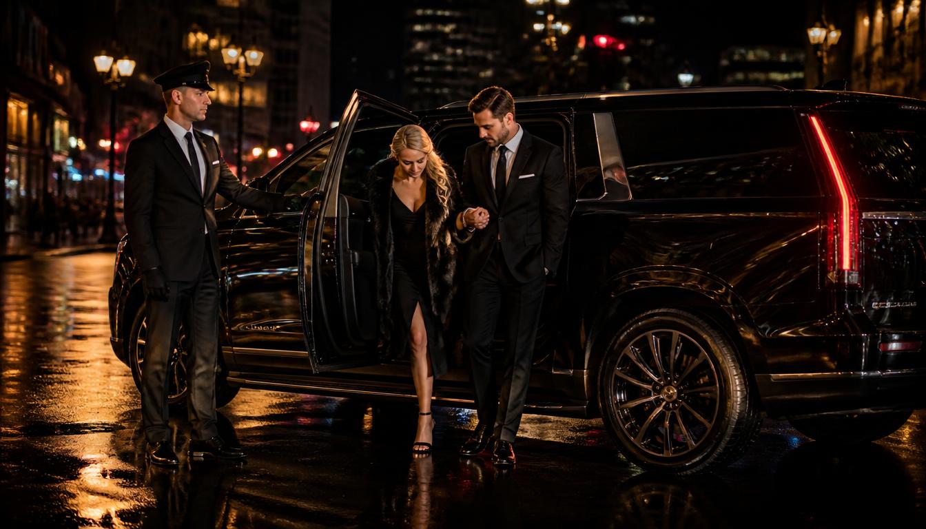 Professional chauffeur with clients and a 2026 Cadillac Escalade IQ L