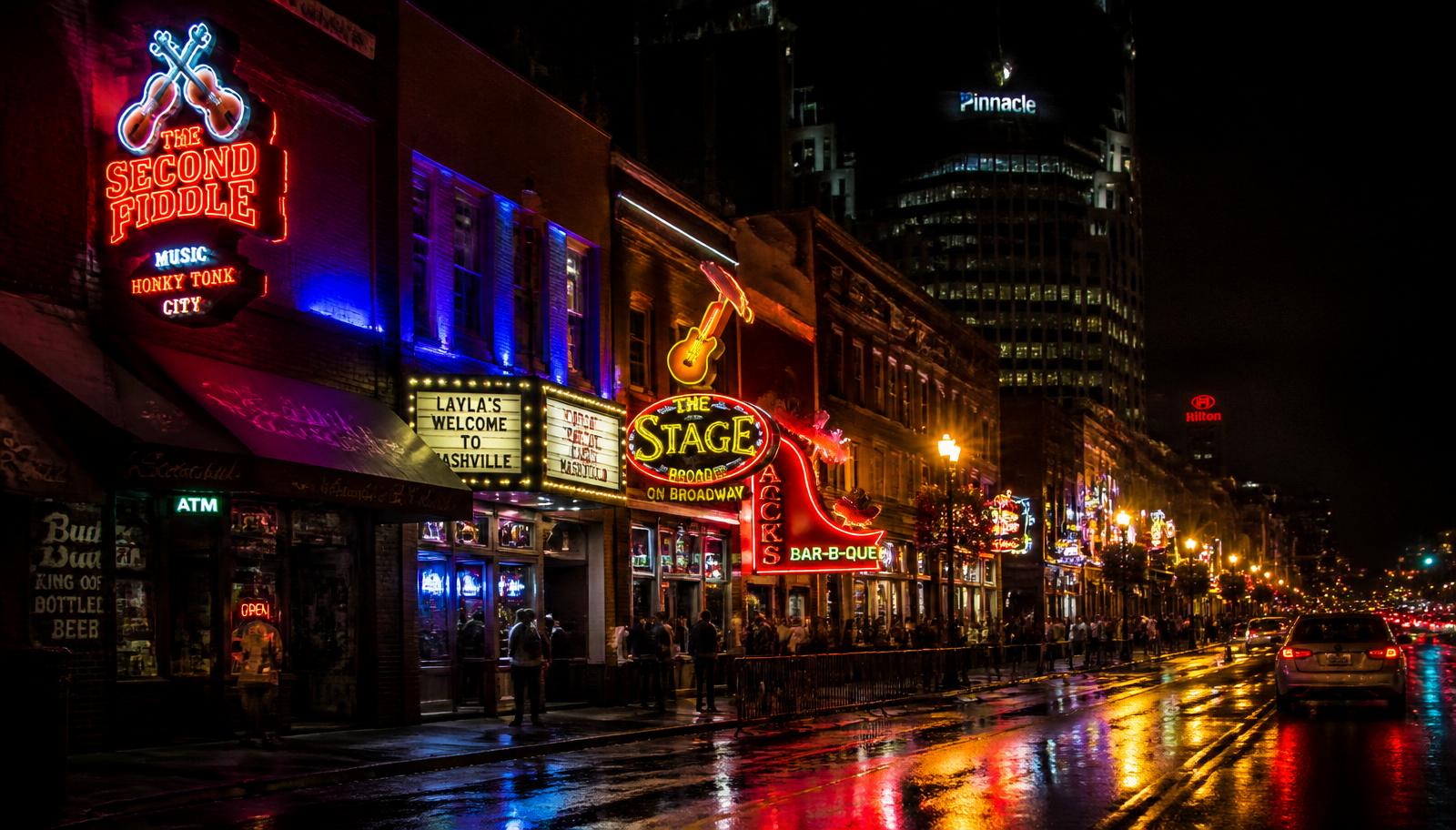 Lower Broadway neon signs in downtown Nashville