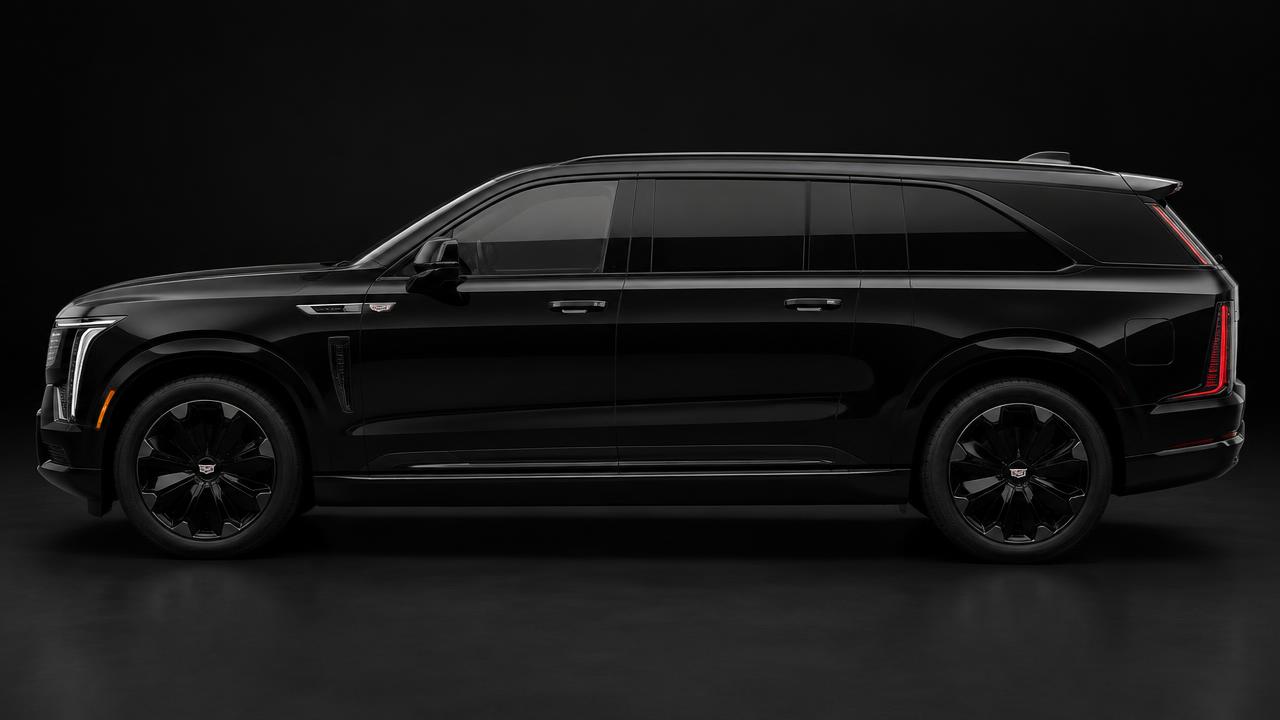 Full side profile of the 2026 Cadillac Escalade IQ L in gloss black with black wheels